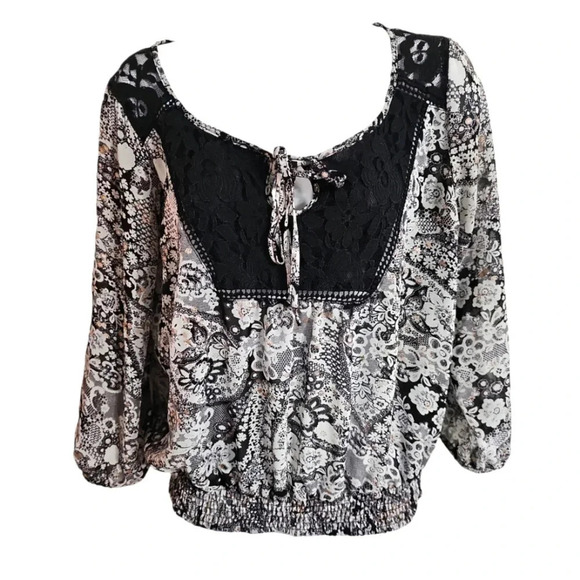 American Rag M Black White Paisley Lace Chiffon Peasant Top Whimsigoth Boho - Picture 2 of 7